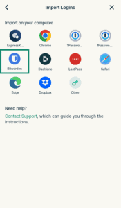 ExpressKeys "Import Logins" menu with multiple service icons, with the "Bitwarden" option highlighted in a green box.