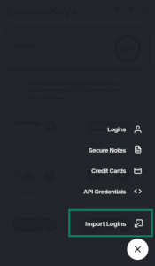 ExpressKeys category selection menu with an open dropdown list, with the "Import Logins" option highlighted in a green box.