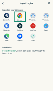 ExpressKeys "Import Logins" menu with multiple service icons, with the "Chrome" option highlighted in a green box.