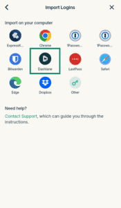 ExpressKeys "Import Logins" menu with various service icons, with the "Dashlane" option highlighted in a green box.