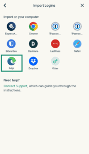 ExpressKeys "Import Logins" menu with multiple service icons, with the "Edge" option highlighted in a green box.
