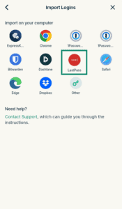 ExpressKeys "Import Logins" menu with multiple service icons, with the "LastPass" option highlighted in a green box.