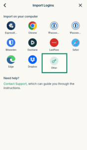 ExpressKeys "Import Logins" menu with multiple service icons, with the "Other" option highlighted in a green box.