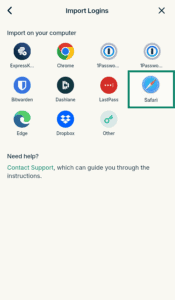 ExpressKeys "Import Logins" menu with multiple service icons, with the "Safari" option highlighted in a green box.