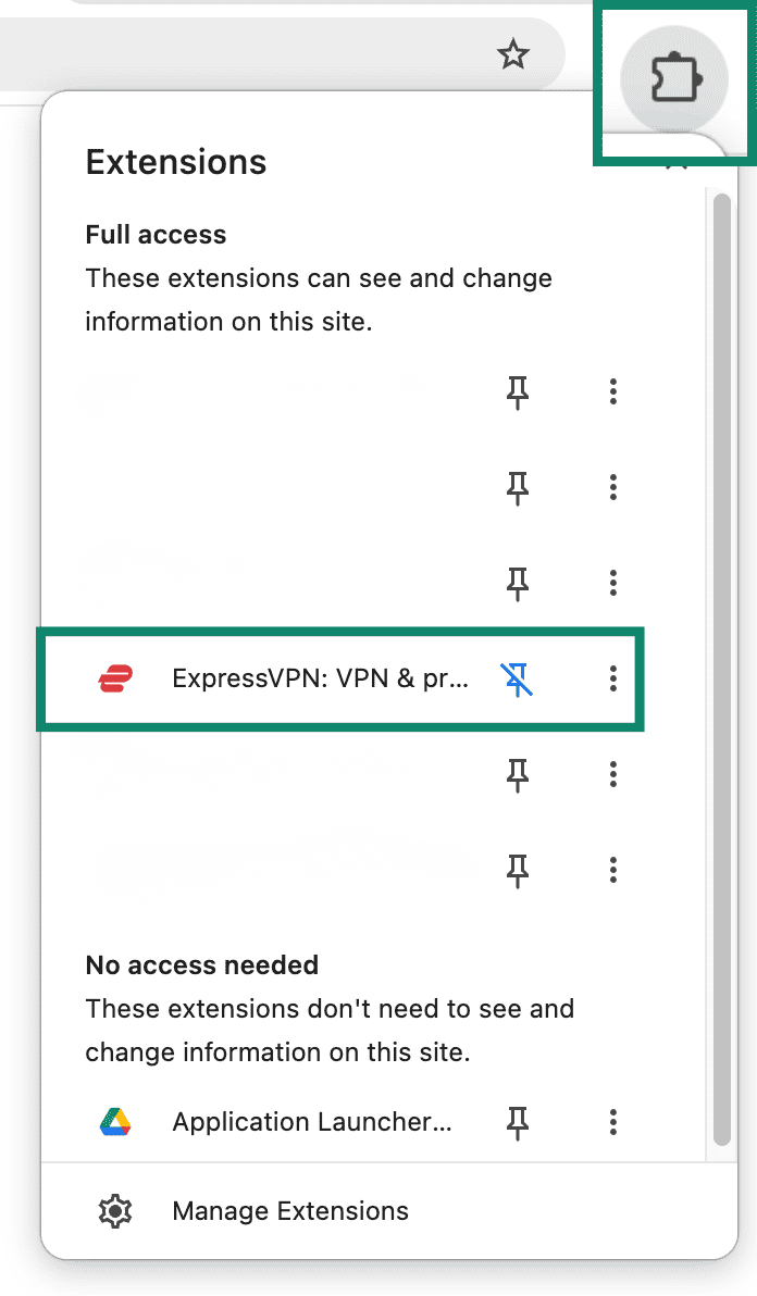 Chrome Extensions menu with the ExpressVPN browser extension and its toolbar pin control highlighted.