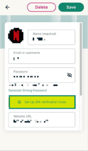 A login entry in the ExpressKeys's Chrome extension in Edit mode, highlighting the "Set Up 2FA Verification Code" option.