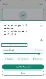 ExpressKeys strong password generator overlay, with the "Very secure!" security rating text highlighted in a green box.