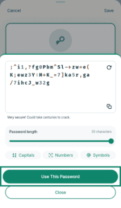 ExpressKeys strong password generator overlay, with the "Use This Password" action button highlighted in a green box.