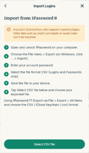 The "Import from 1Password" screen in ExpressKeys, with a "Select CSV file" button at the bottom.