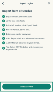 ExpressKeys "Import from Bitwarden" instructions page, with the "Select CSV file" button highlighted in a green box.
