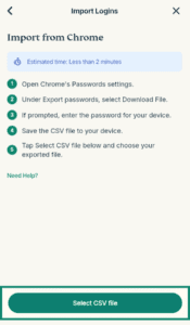 ExpressKeys "Import from Chrome" instructions page, with the "Select CSV file" button highlighted in a green box.