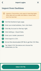 ExpressKeys "Import from Dashlane" instructions page, with the "Select CSV file" button highlighted in a green box.
