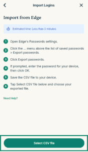 ExpressKeys "Import from Edge" instructions page, with the "Select CSV file" button highlighted in a green box.