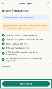ExpressKeys "Import from LastPass" instructions page, with the "Select CSV file" button highlighted in a green box.