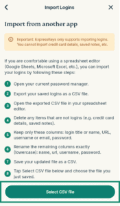 ExpressKeys "Import from another app" instructions page, with the "Select CSV file" button highlighted in a green box.