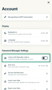 The Account settings menu in the ExpressKeys browser extension, with a highlighted "Unlock with Biometric Unlock" option.