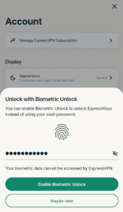 The "Unlock with Biometric Unlock" screen in the ExpressKeys browser extension Account settings.