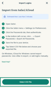 ExpressKeys "Import from Safari/iCloud" instructions page, with the "Select CSV file" button highlighted in a green box.