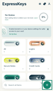 ExpressKeys dashboard showing vault items, with the add new item button highlighted in a green box.