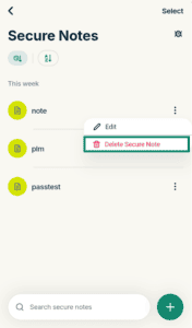ExpressKeys "Secure Notes" list view, with the item options menu and "Delete Secure Note" button highlighted in a green box.