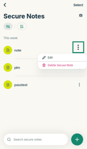 ExpressKeys "Secure Notes" list view, with the item options menu button highlighted in a green box.