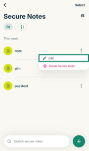 ExpressKeys "Secure Notes" item options menu, with the "Edit" option highlighted in a green box.