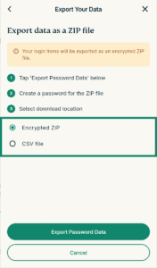 The "Export Your Data" screen in the ExpressKeys browser extension, showing two options: Encypted ZIP and CSV file.