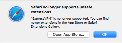 Safari 12 pop-up indicating ExpressVPN is not supported