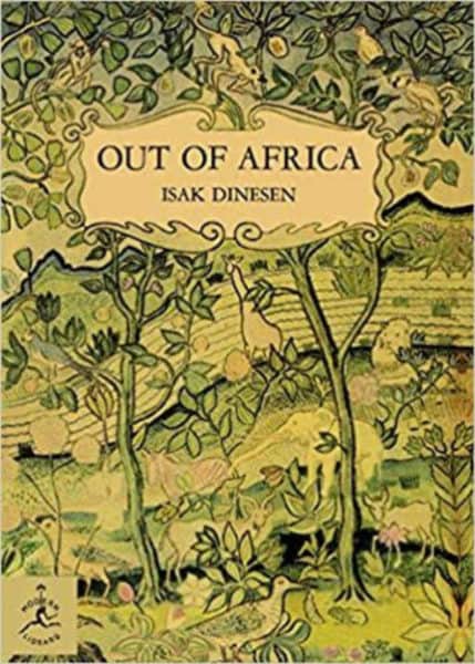 A green and yellow illistration of a garden on the cover of out of africa