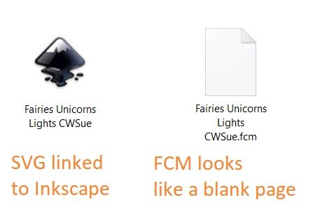 Blank FCM file icon and associated SVG with Inkscape icon for how to manage your SVG files.