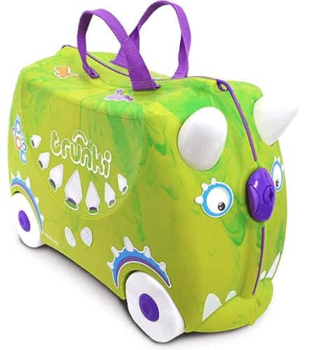 Kids love trunki carry-on cases they can pull or ride on. This one looks like a green monster.