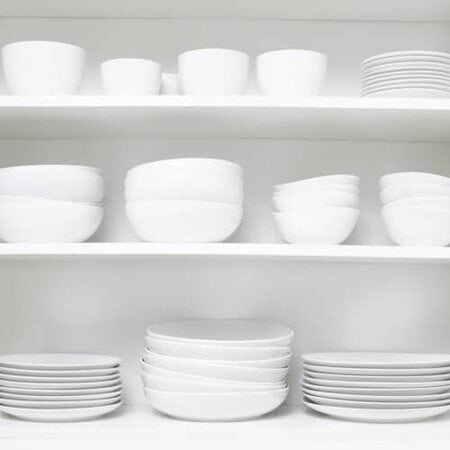 stacks of organized dishes on kitchen shelf