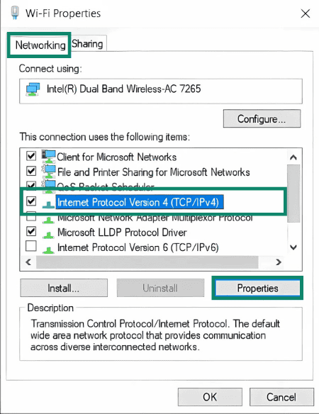 Wi-Fi Properties on Windows, showing the Networking tab, with a highlighted "Internet Protocol Version 4 (TCP/Ipv4)" option checked and the "Properties" button highlighted.