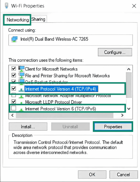 Wi-Fi Properties on Windows, showing the Networking tab, with a highlighted "Internet Protocol Version 4 (TCP/Ipv4)" option checked, an unchecked "Internet Protocol Version 6 (TCP/Ipv6) option, and the "Properties" button highlighted.