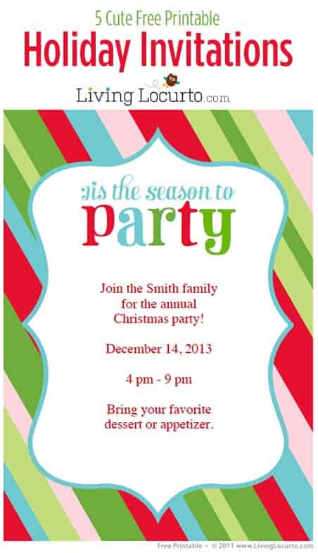 Free party printables! Festive 5x7 Christmas and Holiday party invitations to print at home for free.