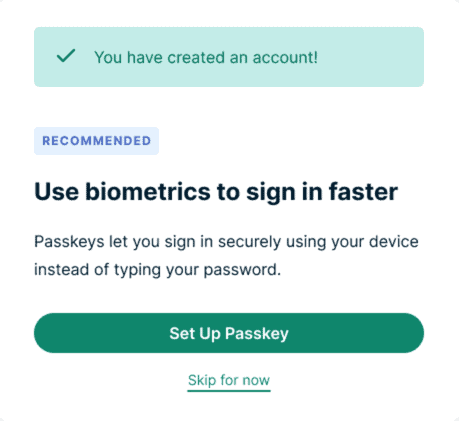 The "Use biometrics to sign in faster" ExpressVPN screen, with a "Set Up Passkey" button at the bottom.