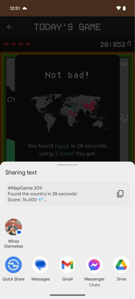 Screenshot of using the Share intent on Android.