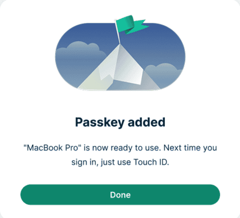The "Passkey added" ExpressVPN pop-up, with a "Done" button at the bottom.