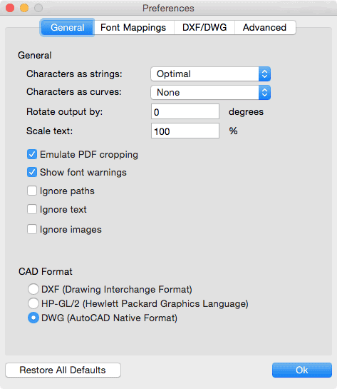 pdf2cad mac general conversion options