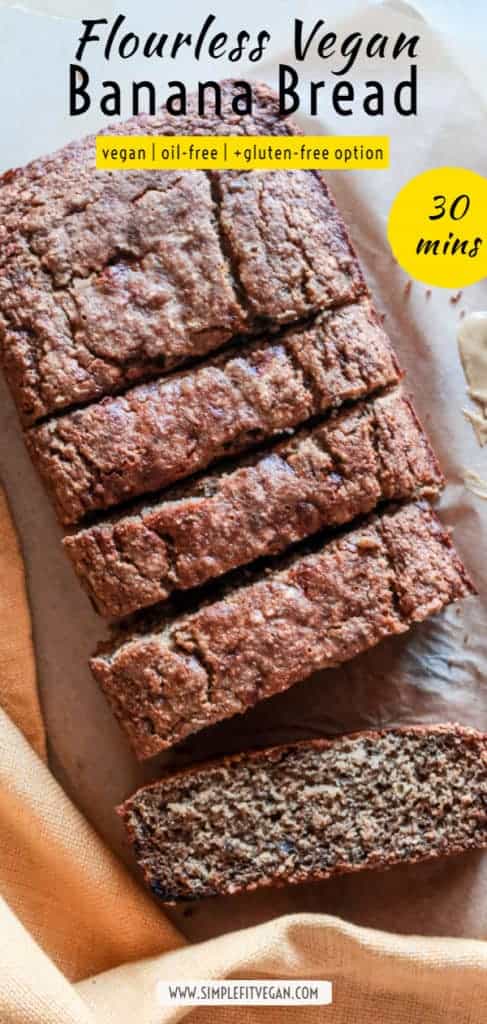 Healthy and easy banana bread recipe made without flour! It’s soft, moist, sweet, and full of banana flavor! #bananabread #vegan #easyrecipe