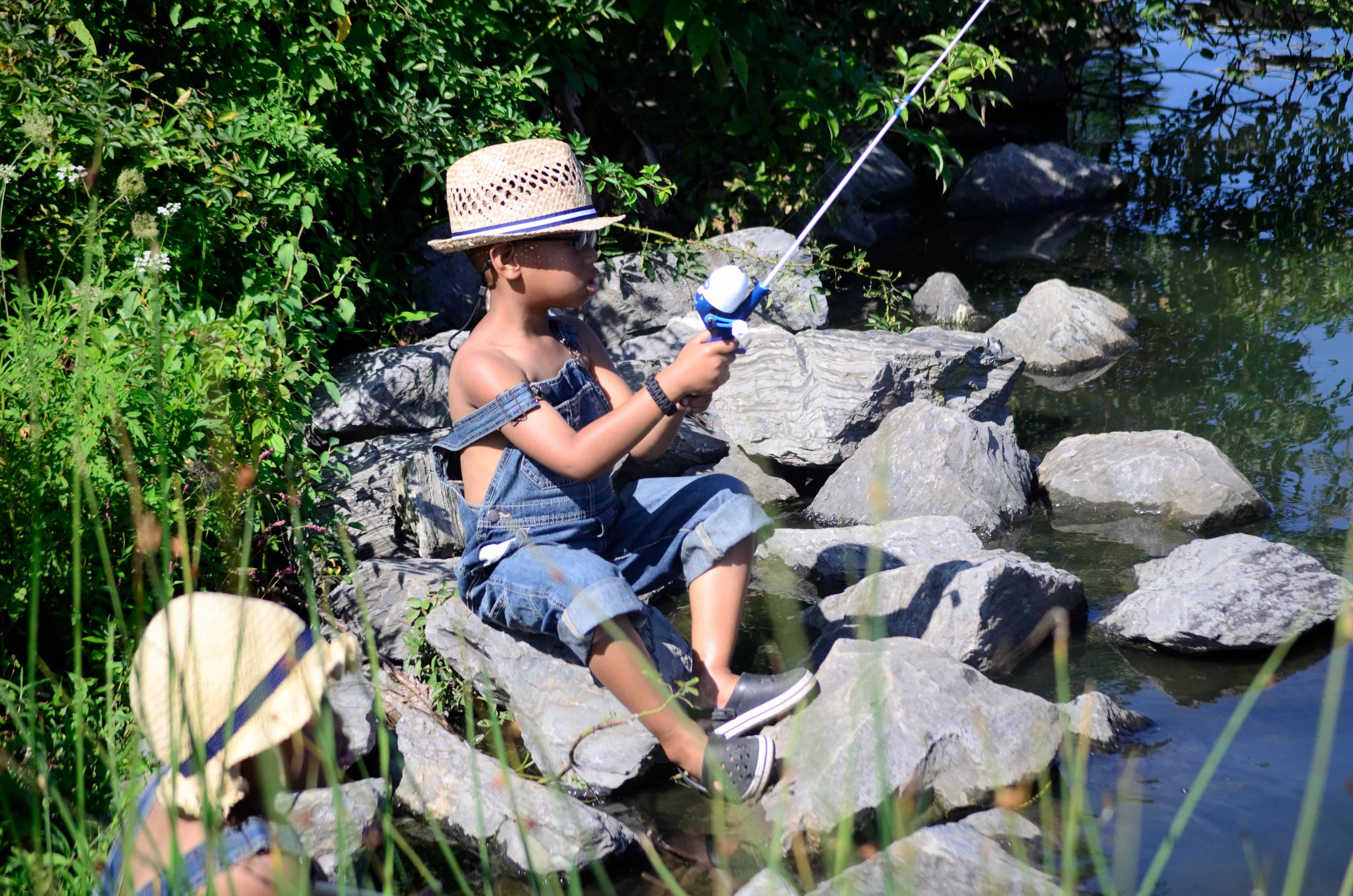 Fishing on the rocks at Lake Centennial in Ellicott City