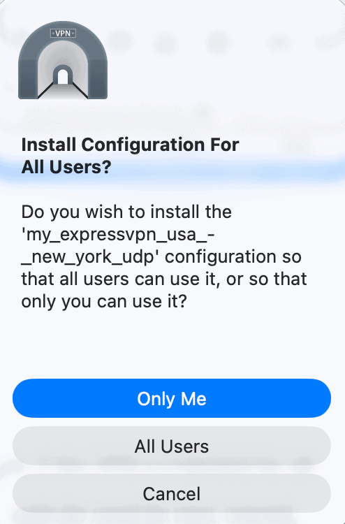 The "Install Configuration For All Users" pop-up for Tunnelblick.
