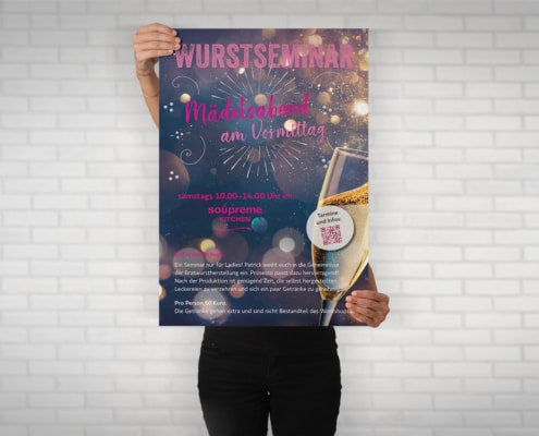 Design von Werbepostern für Wurstseminare von Soupreme Kitchen, Offenbach – hier: Mädelsabend am Vormittag