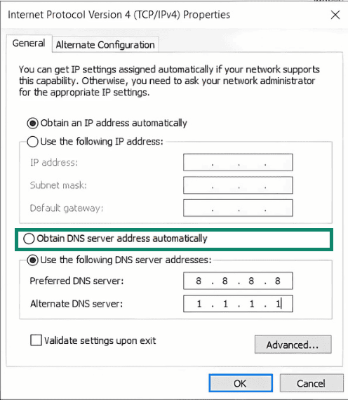 Internet Protocol Version 4 (TCP/Ipv4) properties on Windows, with a highlighted "Obtain DNS server address automatically" option.