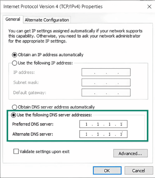 Internet Protocol Version 4 (TCP/Ipv4) properties on Windows, with a highlighted "Use the following DNS server addresses" section.