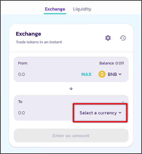 Clique em Select a currency na PancakeSwap
