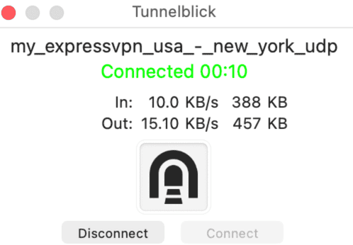 Tunnelblick's connection window, showing an active VPN connection.
