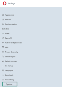 Opera Settings menu with System button highlighted