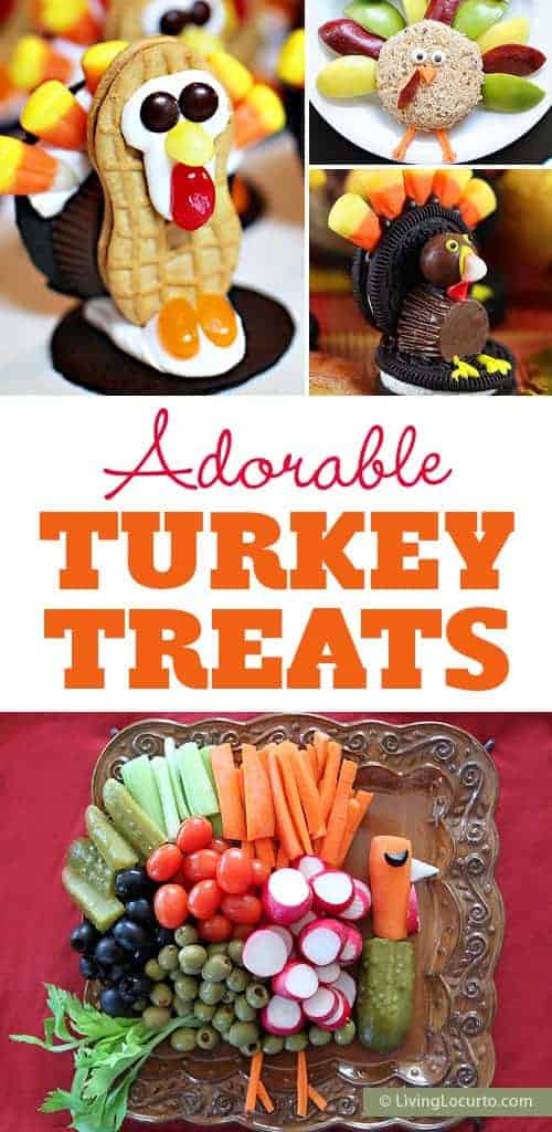 Creative Turkey Treats! Fun food kids recipes to make Thanksgiving extra special. Cookies, vegetables, candy, and Rice Krispies treats shaped like turkeys.