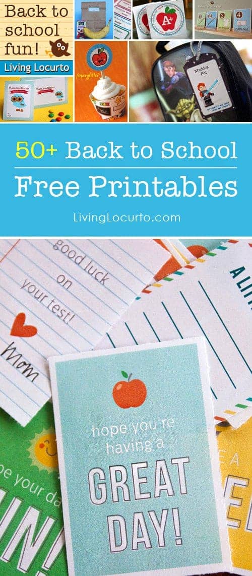 50 of the BEST Back to School Free Printables. Get ready for school with the BEST Back to School Free Printable downloads. Teacher gift ideas, lunch box notes, labels, calendars, bookmarks and more! LivingLocurto.com